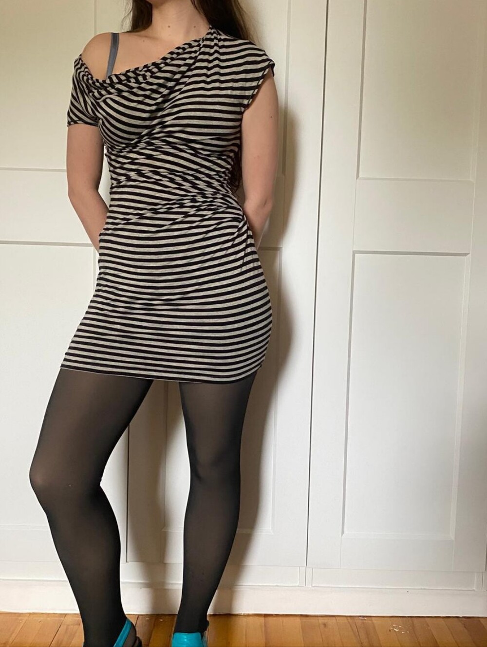 Max Studio Black and White Striped Off-Shoulder Mini Dress Goth Grunge Alt